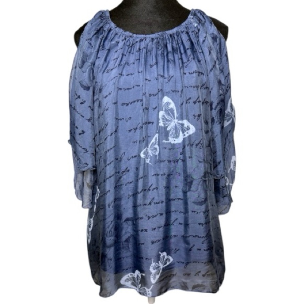 Bella Amore Blue Silky Butterfly Patterned Cold Shoulder Blouse